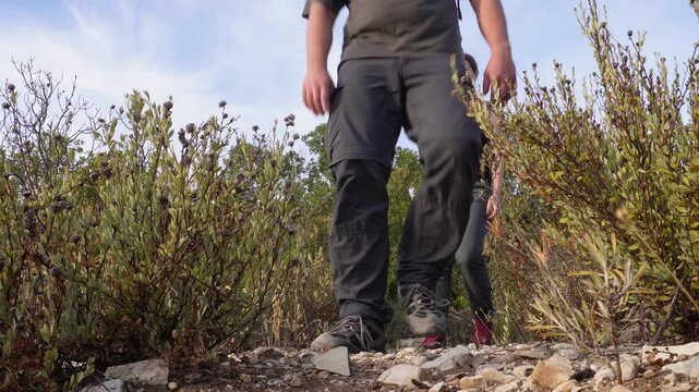 Two hikers walk along a rocky path between green shrubs under the afternoon sun, wearing trekking pants and sturdy shoes.