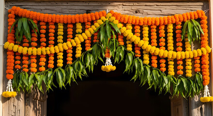 Archway Door Hanging Decoration with Marigold Flowers and Mango Leaves for Diwali Celebration