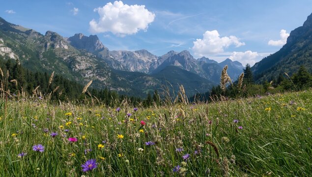 Scenic view of a vibrant green field in a mountainous region