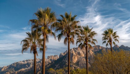 Obraz premium Tropical Trees Set Against a Mountainous Skyline Under Clear Blue