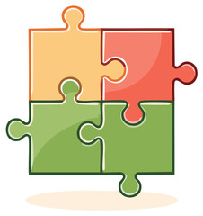 Four connected jigsaw puzzle pieces in yellow, orange, and green with simple outline