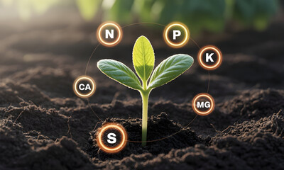 Healthy sprout growing in fertile soil needs key nutrients for successful growth