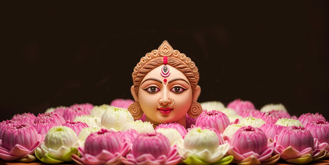 The serene Durga face, surrounded by lotus flowers, is a symbol of purity and spiritual awakening in Hindu festivals