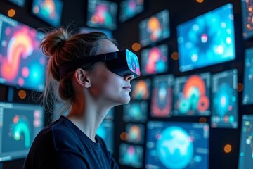 A Graphic Designer's Futuristic Workspace: Augmented Reality Glasses and Floating Computer Screens Displaying Creative Process Stages