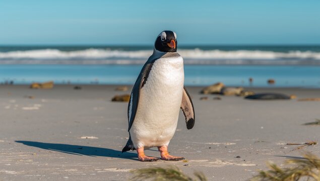 Gentoo penguin resting on a beach, observing its natural habitat, World Penguin Day