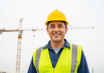 Portrait cheerful latino male construction worker wearing safety vest hard hat standing in front of crane studio outdoor background