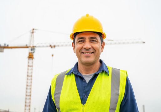 Portrait cheerful latino male construction worker wearing safety vest hard hat standing in front of crane studio outdoor background - Powered by Adobe