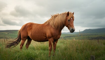 Obraz premium Dramatic cloudy sky above a beautiful summer horse in a green field