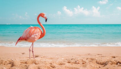 Fototapeta premium Soft blue waves and a pink flamingo on a sandy shore in a summer-themed scene