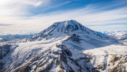 Majestic Summit in a Mountain Range Featuring Textured Glaciers and Snow-Covered Crest