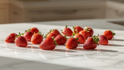 Freshly harvested strawberries on a marble surface, sparkling with moisture, beneficial choice