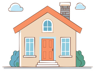 Charming illustrated house with orange roof, front door, windows, chimney, bushes, and simple clouds