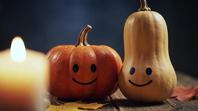 Thanksgiving Friends: Two smiling pumpkins with autumn leaves, a cozy candle glow, celebrating festive fall friendship and harvest.