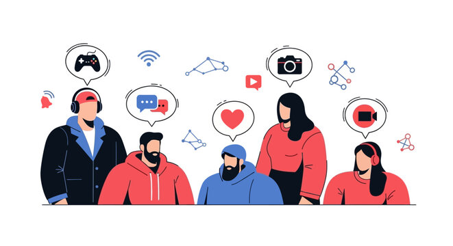 Diverse group of people expressing online communication and social media activities with icons