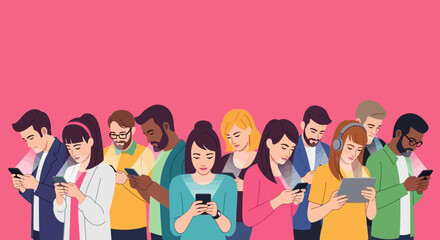 Diverse crowd engrossed in mobile devices highlighting modern connectivity and social interaction