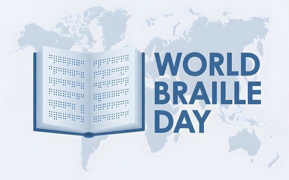 World braille day celebration with open book and world map background