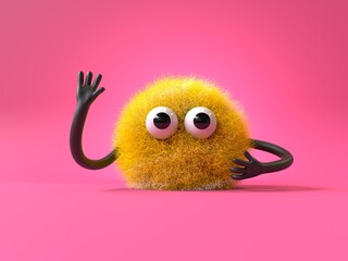 Fluffy, cute monster waving, symbolizing greeting or friendliness. 3D rendering, conceptual image. Isolated on white background.