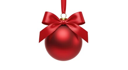 Christmas ornament hanging with a shiny red bow isolated on white background