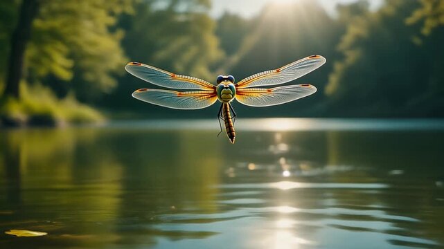 A dragonfly gliding above a still forest pond &mdash; elegant and detailed.
