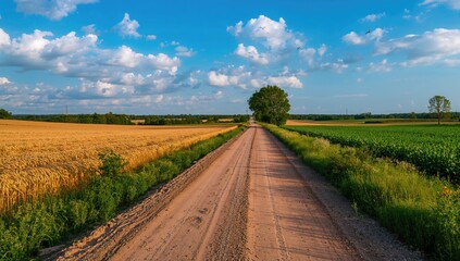 Unpaved pathway crossing farmland