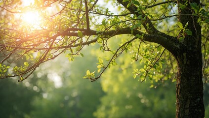 Obraz premium Emergence of new leaves on tree branches, signaling the arrival of spring