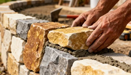 Papier peint photo Marron Closeup of hands positioning natural stone pieces carefully to create an elegant durable landscape retaining wall.  © DigitalSpace