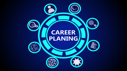 Career planing concept with icons in a circle on a blue background showing different career paths