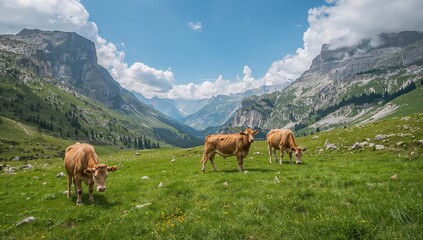 Brown cows grazing in a valley, showcasing the pastoral beauty of the landscape