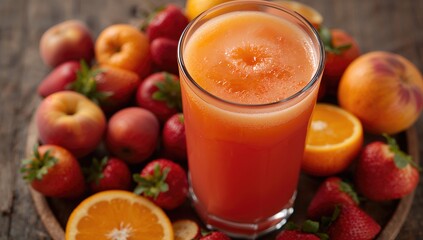 Fresh juice made from oranges and strawberries alongside assorted fruits on a wooden table, fiber-dense choice