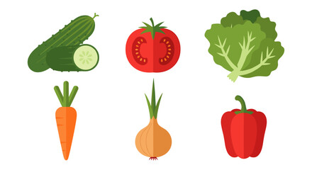 Fototapeta premium Fresh vegetable set featuring tomato, cucumber, lettuce, carrot, onion, and bell pepper in flat style