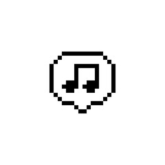 Obraz premium Speech bubble with music note 8-bit pixel art icon. Retro monochrome design symbolizing sound, song, or audio communication. Minimal digital element for pixel games and interfaces.