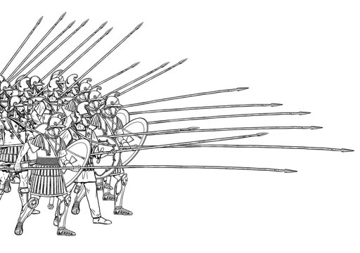 Macedonian Phalanx in battle. Ancient warriors. Historical drawing.