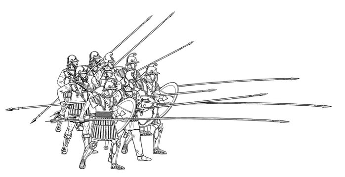 Macedonian Phalanx in battle. Ancient warriors. Historical drawing.