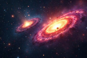 Colliding galaxies, gravitational forces tearing apart stellar matter, dramatic bursts of light and energy A dramatic depiction of two massive galaxies in the process of colliding. Tidal forces rip