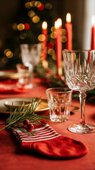 Festive Christmas Dinner Party with Red Candles and Glittering Glassware in a Cozy and Merry Ambiance