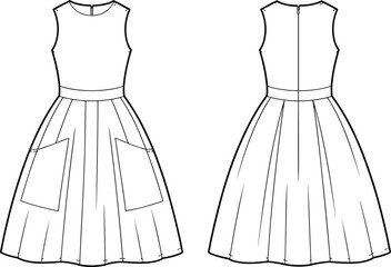 Sleeveless dress technical sketch, front and back view, pleated skirt, round neckline, patch pockets, zipper closure, fashion template © Nasrin