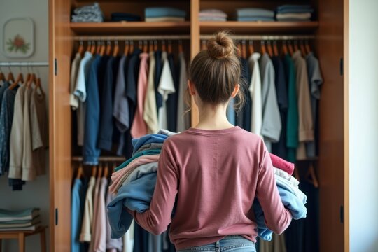Capture a person posing in front of a wardrobe with half overflowing and half neatly organized clothes.