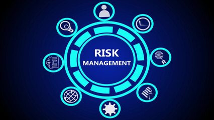 A digital representation of risk management with icons in a circular arrangement on a blue background