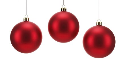 Three beautifully crafted red matte Christmas ornaments gracefully suspended, evoking the joyful spirit of holiday celebrations and seasonal decor on a pristine white background