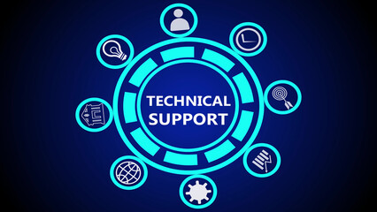 A glowing technical support interface with various icons arranged in a circular configuration
