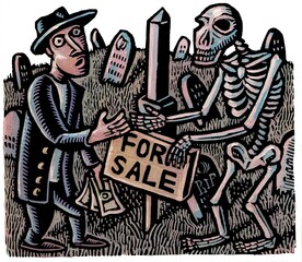 Obraz premium skeleton greets a man in a graveyard to sell him a burial plot