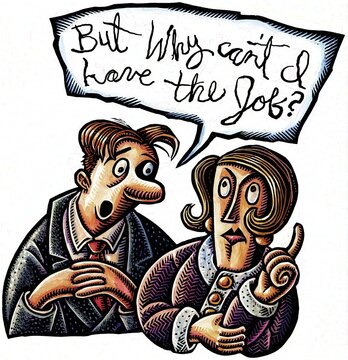 white male job applicant with poor handwriting wonders why he can't get a job from the white woman boss