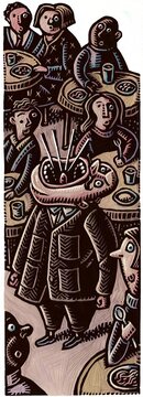 white man in tweed jacket yelling in the middle of a restaurant