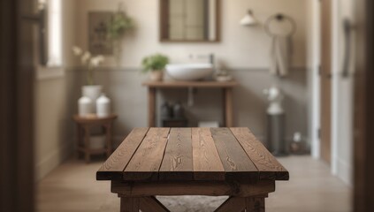 Blurred view of a bathroom highlighting a wooden table, suitable for editorial backdrop