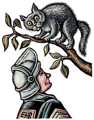 fireman looks at cat on tree branch