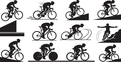 Dynamic set of cyclist silhouette icons for vector design projects or fitness brand visuals, showcasing speed, challenges, and athletic achievement