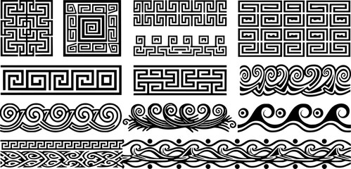 Fototapeta premium Ancient Greek borders. Greek Roman meander and wave decorative seamless patterns vector illustration set. Greek geometric meander borders