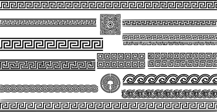 Ancient Greek borders. Greek Roman meander and wave decorative seamless patterns vector illustration set. Greek geometric meander borders