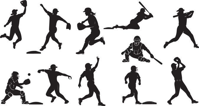 Dynamic softball players in action silhouettes showcase teamwork, power, and skill for sports marketing or team graphics with energetic movement