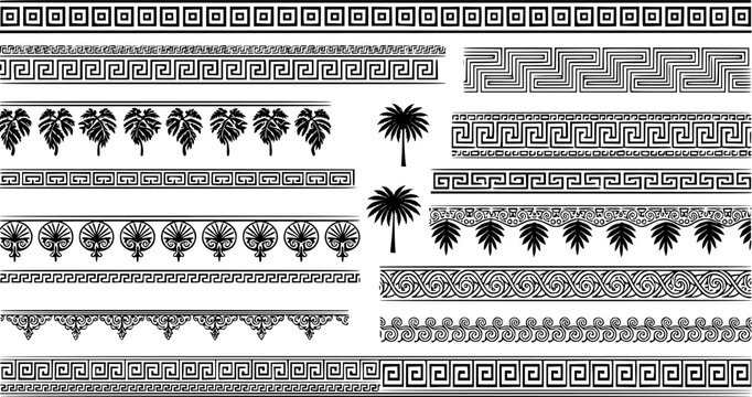 Ancient Greek borders. Greek Roman meander and wave decorative seamless patterns vector illustration set. Greek geometric meander borders